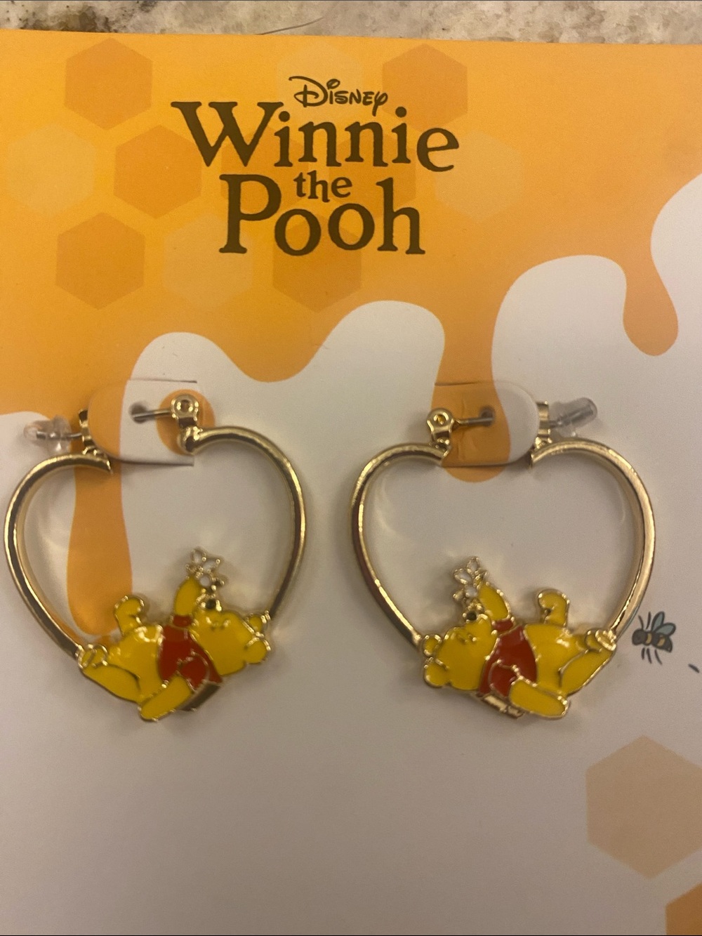 Disney Winnie the Pooh Gold Heart Hoop Earrings with Yellow & Red Enamel NWT